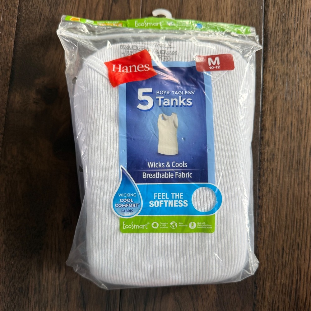 Hanes Boys Tagless Tanks 5 Pack White Ribbed Undershirts Size M 10-12 BRLTA5